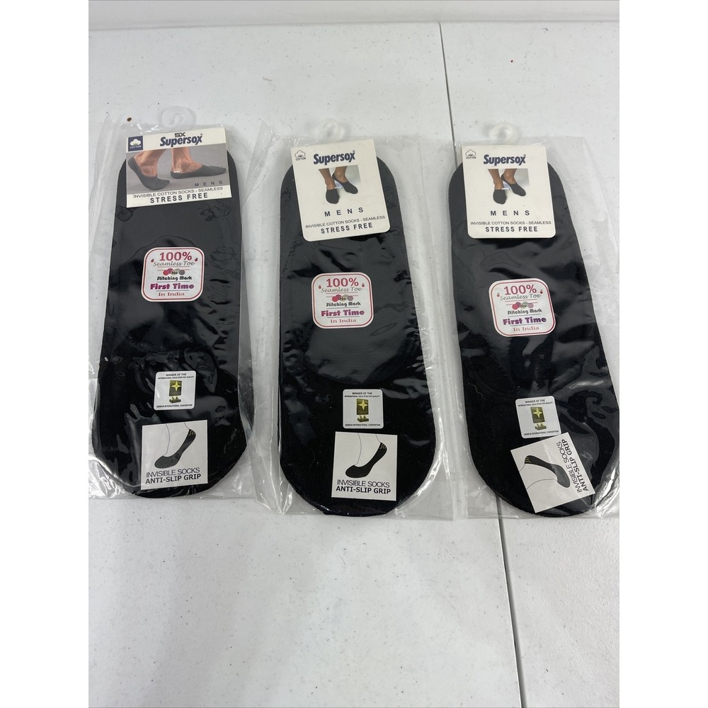 Supersox Mens Black invisible Cotton Socks Seamless Medium 8-10
